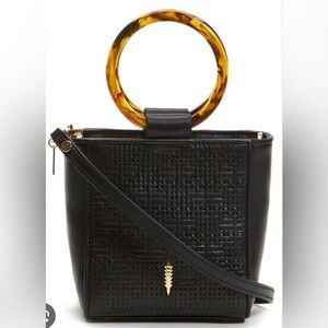 *Thacker Mini Le Bucket Tortoiseshell Ring Double Handle Black Leather Crossbody